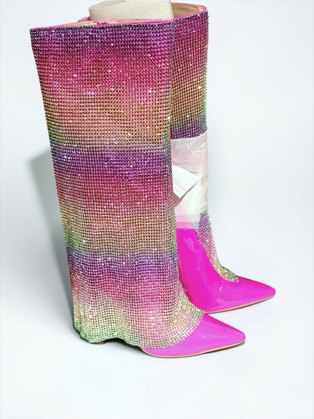 Hot Pink high heeled boots with Sparkling Rainbow Rhinestone Mesh Overlay NIB